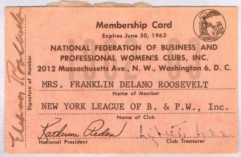 National Federation of Business and Professional Women's Clubs Card Used by Eleanor Roosevelt