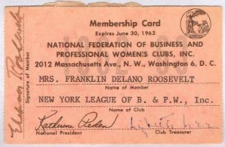 National Federation of Business and Professional Women's Clubs Card Used by Eleanor Roosevelt