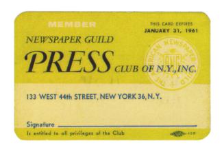 Newspaper Guild Press Club of N.Y. Card Used by Eleanor Roosevelt