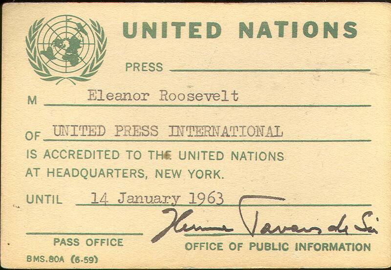 United Nations Press Pass Used by Eleanor Roosevelt
