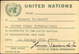 United Nations Press Pass Used by Eleanor Roosevelt