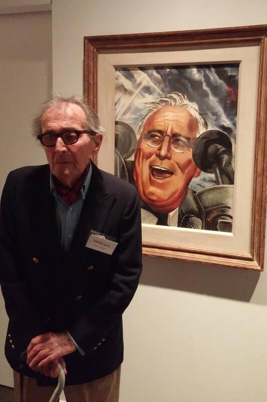 William Pachner, in front of his painting of FDR, at the March 31, 2016 reception for the openi…