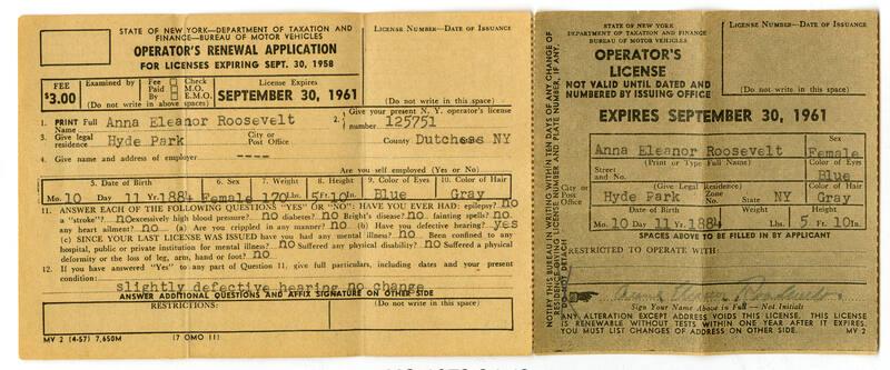 Driver's License Renewal Application Used by Eleanor Roosevelt