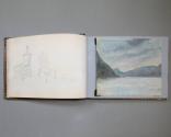 Pencil sketch of chairs on left, and wash drawing, "Looking south down river opposite Fort Mont…