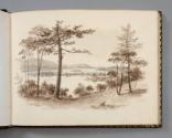 Sepia wash drawing of  trees along waterfront.  Image courtesy of the Franklin D. Roosevelt Pre…