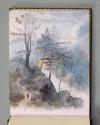 Watercolor of three figures climing up a hill to a gazebo at Blithewood.  Image courtesy of the…