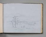 Pencil sketch of a landscape view of mountains across a valley with a bare tree on the left sid…