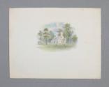 Watercolor sketch of a small house, with the artist's name signed on the left: "A. J. Davis".  …