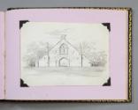 Wash and pencil sketch of a lodge building.  Signed by the artist on the left side, "A J. Davis…