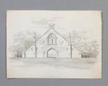 Wash and pencil sketch of a lodge building.  Signed by the artist on the left side, "A J. Davis…