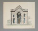 Watercolor sketch of a gothic building.  Signed by the artist on the left side, "SKETCH BY A.J.…