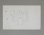 Pencil drawing of the floor plan for a home with rooms designated "Lib" and "Dining".  Image co…