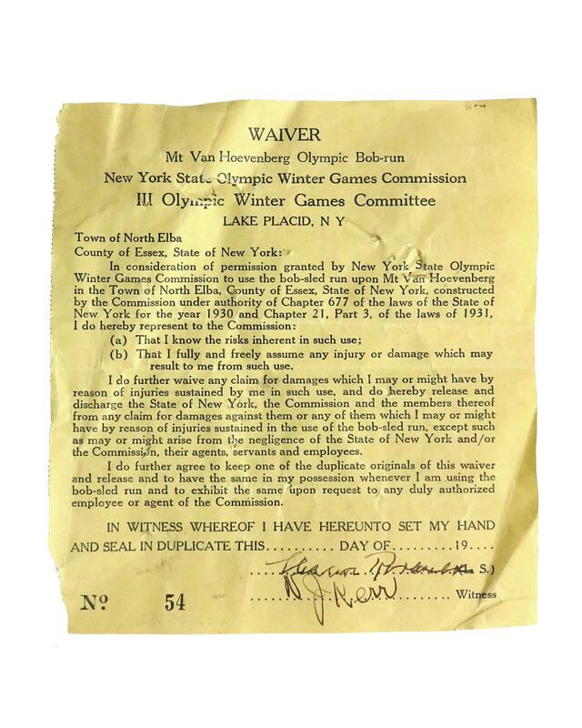 1932 Olympic Bobsled Run Waiver Form
