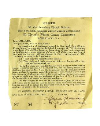 1932 Olympic Bobsled Run Waiver Form