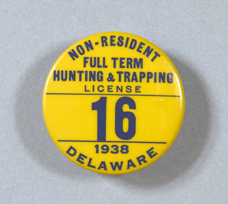 Delaware Hunting and Trapping License Button, 1938